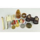 ASSORTED COLLECTABLES including treen napkin rings and egg box, cheroot holder, aide memoire,