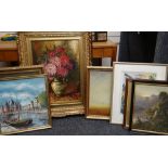 ASSORTED PICTURES including a still life of flowers in a vase by T. GANDOLA, 50 x 70cms (7)