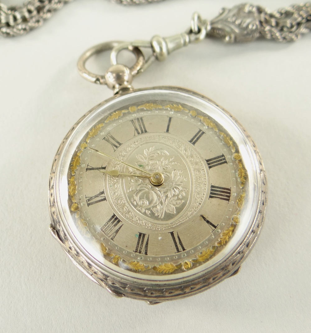 VICTORIAN SILVER LADIES FOB WATCH with gold oak leaf bezel and multi-strand silver Albert with - Image 2 of 6