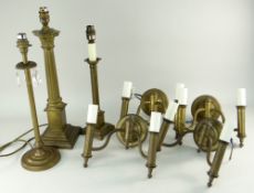 ASSORTED BRASS LIGHTING including a set of four twin-branch wall lights and three candlestick