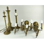 ASSORTED BRASS LIGHTING including a set of four twin-branch wall lights and three candlestick