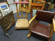 EDWARDIAN WORK TABLE, OAK LOW ROCKING CHAIR, PRAYER CHAIR and copper and brass Venetian-style