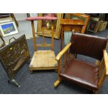 EDWARDIAN WORK TABLE, OAK LOW ROCKING CHAIR, PRAYER CHAIR and copper and brass Venetian-style