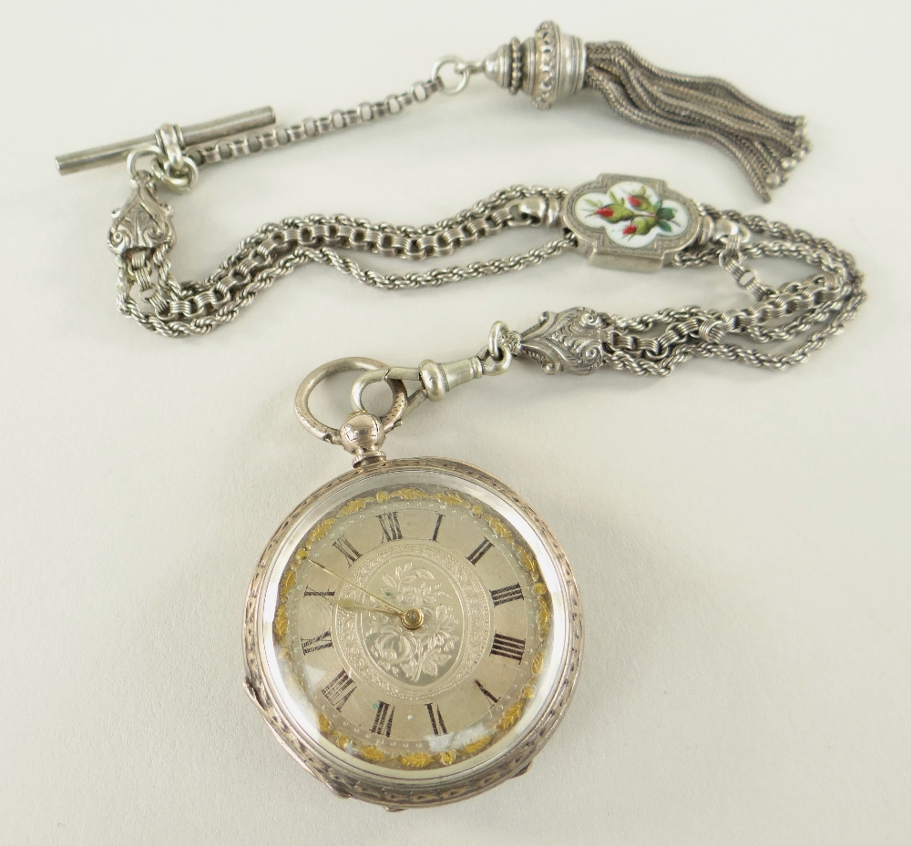 VICTORIAN SILVER LADIES FOB WATCH with gold oak leaf bezel and multi-strand silver Albert with