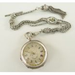 VICTORIAN SILVER LADIES FOB WATCH with gold oak leaf bezel and multi-strand silver Albert with