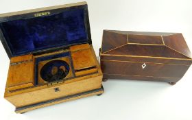 TWO EARLY 19TH CENTURY TEA CADDIES, one in bird's eye maple, the other in mahogany with boxwood