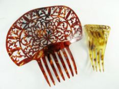 TWO SPANISH TORTOISESHELL PIERCED & CARVED PEINETA COMBS, the largest 26cms high (2)