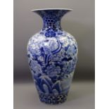 BLUE & WHITE HAND PAINTED JAPANESE LARGE VASE, 56cms H, the body having profuse blossom bird,