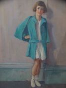 H JOHN PEARSON oil on board - young girl posing in turquoise coat, 39 x 29cms