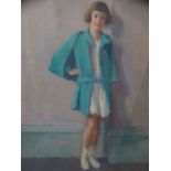 H JOHN PEARSON oil on board - young girl posing in turquoise coat, 39 x 29cms