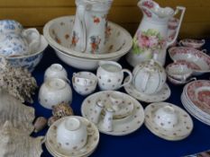 MIXED POTTERY, PORCELAIN, SEA SHELL COLLECTION including two Victorian wash bowl and jug sets, one