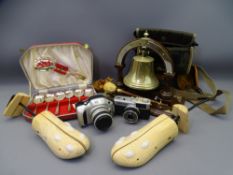 OAK & EPNS MOUNTED DINNER GONG in the form of a ship's bell, two mid-century cameras, pair of shoe