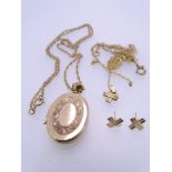 9CT GOLD LOCKET on fine link chain, pair of cross earrings and cross necklace (chain damaged),