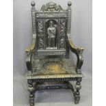 VICTORIAN JACOBEAN STYLE CARVED OAK ARMCHAIR with Lion mask crest rail above a man in armour central