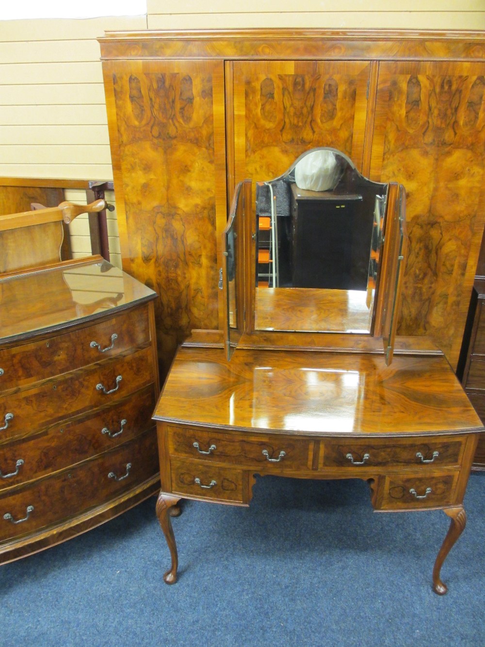 CIRCA 1930 THREE PIECE BURR WALNUT BEDROOM SUITE & BED consisting of three door wardrobe, 206cms