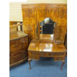 CIRCA 1930 THREE PIECE BURR WALNUT BEDROOM SUITE & BED consisting of three door wardrobe, 206cms