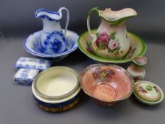 WEDGWOOD FLO BLUE WASH JUG & BOWL, soap dish ETC, a floral decorated wash jug and bowl set and two