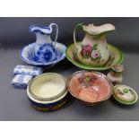 WEDGWOOD FLO BLUE WASH JUG & BOWL, soap dish ETC, a floral decorated wash jug and bowl set and two