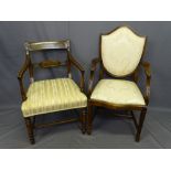 TWO MAHOGANY SALON ARMCHAIRS including a Regency and brass inlaid example in gold stripe upholstery,