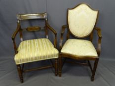 TWO MAHOGANY SALON ARMCHAIRS including a Regency and brass inlaid example in gold stripe upholstery,