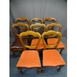HARLEQUIN SET OF EIGHT VICTORIAN MAHOGANY BALLOON BACK DINING CHAIRS, five having more shaped detail