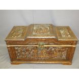 CARVED ORIENTAL CAMPHORWOOD CHEST with stepped top, 47.5cms H, 94.5cms W, 46cms D