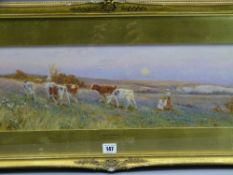 TOM LLOYD RWS watercolour - 'Upland Pastures', mother and child with cattle, 19 x 59cms