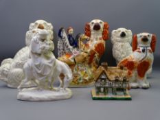 STAFFORDSHIRE POTTERY SEATED SPANIELS, Minton Parian group, Staffs England pastille burner ETC (