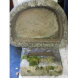 RECONSTITUTED STONE TROUGH & BLOCK with cast iron boot scrape, 77 x 60cms, 45 x 31cms respectively