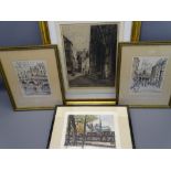 G HAYES large etching, 36 x 28cms together with three smaller etchings of French views, 22.5 x