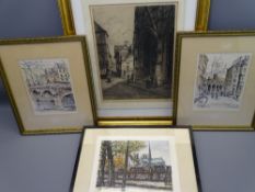 G HAYES large etching, 36 x 28cms together with three smaller etchings of French views, 22.5 x