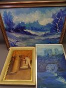 LARGE 20TH CENTURY oil on canvas - blue landscape, 48 x 68cms with smaller BLUE OIL ON BOARD -