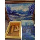 LARGE 20TH CENTURY oil on canvas - blue landscape, 48 x 68cms with smaller BLUE OIL ON BOARD -