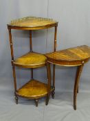 TWO REPRODUCTION MAHOGANY FURNITURE ITEMS including a three tier corner stand on turned supports