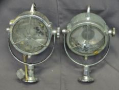 VINTAGE CHROME MARINE TYPE SEARCH LIGHTS, a pair, 45cm heights, 22cms diameter lens