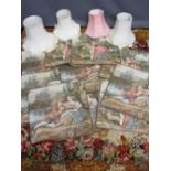 CHENILE TAPESTRY TYPE CLOTH, quantity of cushion covers and four tasselled lamp shades, the cloth