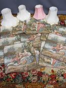 CHENILE TAPESTRY TYPE CLOTH, quantity of cushion covers and four tasselled lamp shades, the cloth