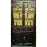 GEORGE III STAINED PINE WELSH FARMHOUSE CUPBOARD having twin upper astragal glazed 13 pane doors