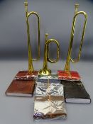 AS NEW LEATHER BOUND NOTEBOOKS, a quantity, three reproduction brass bugles ETC