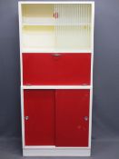 MID-CENTURY PAINTED KITCHEN CABINET, sliding glass door above a fall-front work surface and twin