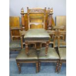 LARGE VICTORIAN OAK EXTENDING DINING TABLE & SIX CHAIRS, 142cms L, oval top with three additional