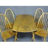 ERCOL LIGHT ELM DROP-LEAF DINING TABLE & FOUR CHAIRS, Windsor style