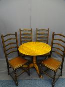 SATINWOOD CIRCULAR TOP TRIPOD TABLE and a set of four vintage oak ladderback chairs, 75.5cms H,