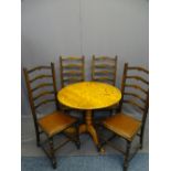 SATINWOOD CIRCULAR TOP TRIPOD TABLE and a set of four vintage oak ladderback chairs, 75.5cms H,