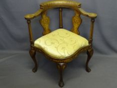 VICTORIAN INLAID MAHOGANY CORNER ARMCHAIR with floral and butterfly inlaid detail, the back splats