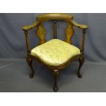 VICTORIAN INLAID MAHOGANY CORNER ARMCHAIR with floral and butterfly inlaid detail, the back splats