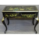 20TH CENTURY JAPANESE TWO DRAWER SIDE TABLE, black lacquer with gilt highlighting and painted floral