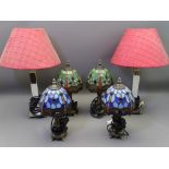 DECORATIVE TABLE LAMPS, three pairs including two mirrored stem examples and four Tiffany style