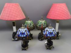 DECORATIVE TABLE LAMPS, three pairs including two mirrored stem examples and four Tiffany style