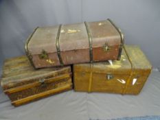 THREE VINTAGE TRAVEL TRUNKS including a deep canvas type example with wooden banding, 62cms H, 84cms